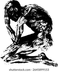 Skinless human figure kneeling, lost in the oblivion of thought.  Defined and with halftone effect