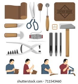 Skinner tools decorative icons set used for scribing cutting sewing leather goods flat vector illustration 