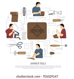 Skinner tools design concept with skinner figurines engaged in manufacture of clothing items and accessories flat vector illustration 