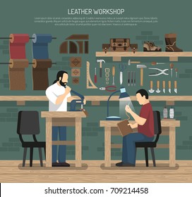 Skinners working with leather in workshop interior with tools and skin goods flat vector illustration