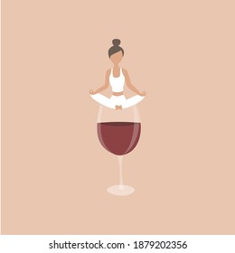 Skinng woman doing yoga with a big glass of read wine. Wine lover concept svg