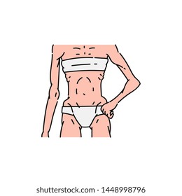 Skinny anorexic female body in underwear, bra and panties, thin and flat stomach. Woman and girl with anorexia disorder and illness. Isolated vector illustration.
