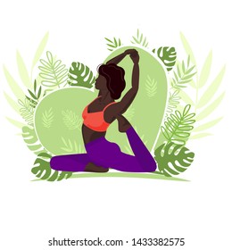 Skinny Black Girl Doing Yoga. A Beautiful Young Woman Wears A Pink Top And Purple Leggings. Outdoor Activity. The Background Is A Green Heart With Tropical Leaves.  Vector Illustration.