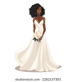 Skinny black woman bride with a bouquet of flowers on her hands vector illustration