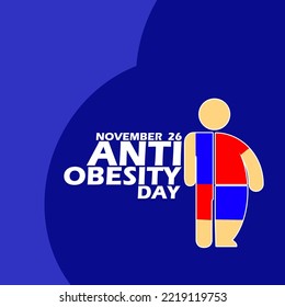 Icono flaco del cuerpo con uno gordo y texto en negrita sobre fondo azul para celebrar el Día contra la Obesidad el 26 de noviembre