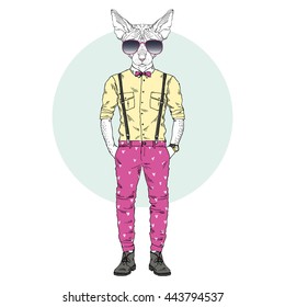 skinny cat dressed up in funky style, furry art illustration, fashion animals