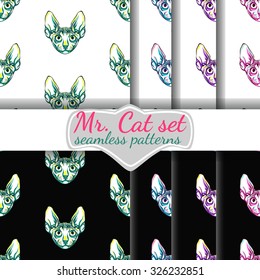 Skinny cat set.Sphinx.Seamless pattern background.Collection of seamless pattern backgrounds.8 in 1.