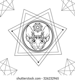 Skinny cat.Sphinx.Seamless pattern background.White background.Ornament mandala.