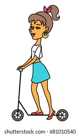 Skinny caucasian girl in white crop top & light blue denim skirt on a kick scooter isolated on white background. Urban lifestyle model. Young woman riding push scooter. Cute cartoon sport character.