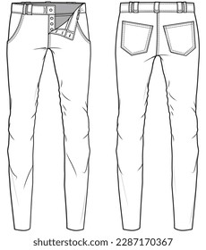 Skinny Cut Denim, Slim Jeans, Jeggings Fit Denim Front and Back View. Fashion Illustration, Vector, CAD, Technical Drawing, Flat Drawing, Template, Mockup.	