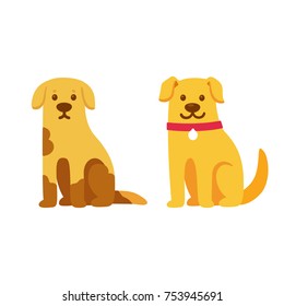 Skinny And Dirty Stray Dog, Happy And Healthy Rescue Pet. Before And After Adoption, Cute Cartoon Drawing. Adopt A Pet Concept. Vector Illustration.