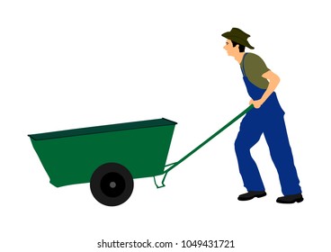 Skinny farmer, or construction worker with wheelbarrow vector illustration. Man gardener carrying loader with goods at warehouse. Transportation carrying on cart vector. Landscaper with empty cart. 