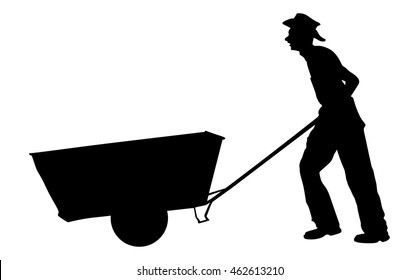 Skinny farmer, or construction worker with wheelbarrow vector silhouette. Man gardener carrying loader with goods at warehouse. Transportation carrying on cart vector. Landscaper with empty cart. 