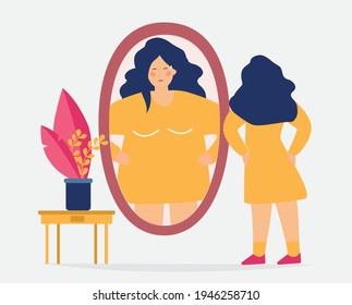 Skinny female looking at the mirror and seeing herself as fat. Woman suffering from nervosa Anorexia Disorder, Unhealthy Nutrition banner background. Schizophrenia, bipolar, mental disorders concept.