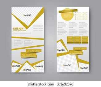 Skinny flyer or leaflet design. Set of two side brochure template or banner. Yellow color. Vector illustration.