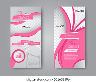 Skinny flyer or leaflet design. Set of two side brochure template or banner. Pink color. Vector illustration.