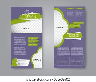 Skinny flyer or leaflet design. Set of two side brochure template or banner. Purple and green color. Vector illustration.