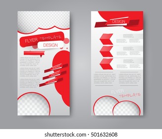 Skinny flyer or leaflet design. Set of two side brochure template or banner. Red color. Vector illustration.