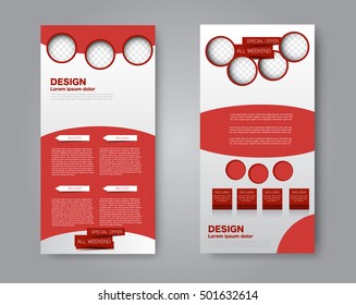Skinny flyer or leaflet design. Set of two side brochure template or banner. Red color. Vector illustration.