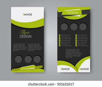 Skinny flyer or leaflet design. Set of two side brochure template or banner. Green and black color. Vector illustration.