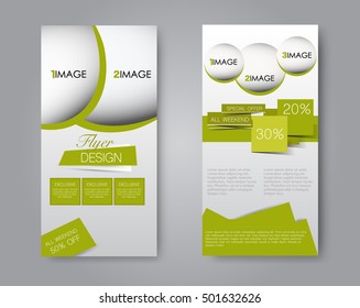 Skinny flyer or leaflet design. Set of two side brochure template or banner. Green color. Vector illustration.