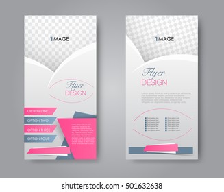Skinny flyer or leaflet design. Set of two side brochure template or banner. Pink and grey color. Vector illustration.