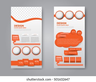 Skinny flyer or leaflet design. Set of two side brochure template or banner. Orange color. Vector illustration.