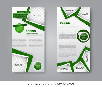 Skinny flyer or leaflet design. Set of two side brochure template or banner. Green color. Vector illustration.