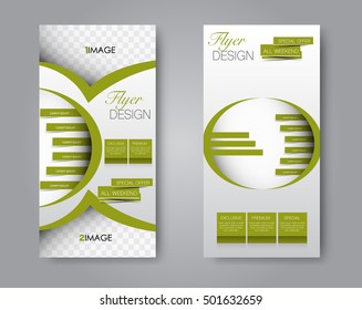 Skinny flyer or leaflet design. Set of two side brochure template or banner. Green color. Vector illustration.