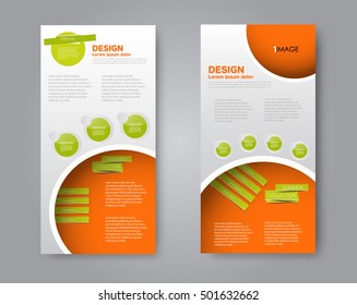 Skinny flyer or leaflet design. Set of two side brochure template or banner. Orange and green color. Vector illustration.