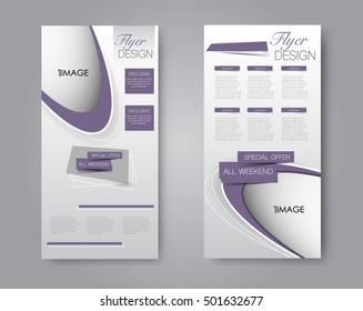 Skinny flyer or leaflet design. Set of two side brochure template or banner. Purple color. Vector illustration.