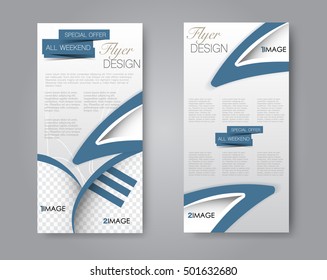 Skinny flyer or leaflet design. Set of two side brochure template or banner. Blue color. Vector illustration.