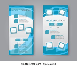 Skinny flyer or leaflet design. Set of two side brochure template or banner. Blue color. Vector illustration.