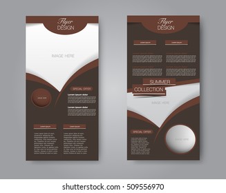 Skinny flyer or leaflet design. Set of two side brochure template or banner. Brown color. Vector illustration.