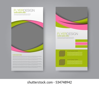 Skinny flyer or leaflet design. Set of two side brochure template or banner.  Vector illustration. Green and pink color.