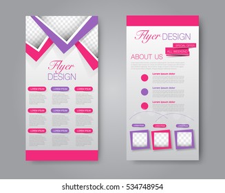 Skinny flyer or leaflet design. Set of two side brochure template or banner.  Vector illustration. Purple and pink color.