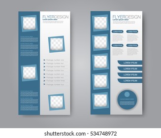 Skinny flyer or leaflet design. Set of two side brochure template or banner.  Vector illustration. Blue color.