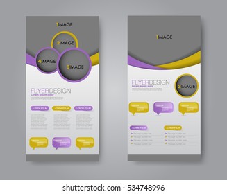 Skinny flyer or leaflet design. Set of two side brochure template or banner.  Vector illustration. Purple and yellow color.