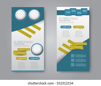 Skinny flyer or leaflet design. Set of two side brochure template or banner.  Vector illustration. Blue and yellow color
