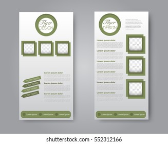 Skinny flyer or leaflet design. Set of two side brochure template or banner.  Vector illustration. Green color