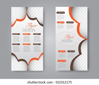 Skinny flyer or leaflet design. Set of two side brochure template or banner.  Vector illustration. Orange and brown color