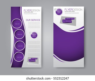 Skinny flyer or leaflet design. Set of two side brochure template or banner.  Vector illustration. Purple color