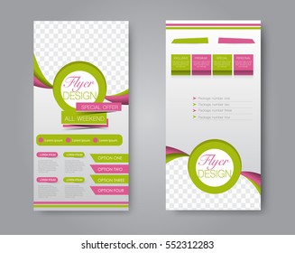 Skinny flyer or leaflet design. Set of two side brochure template or banner.  Vector illustration. Pink and green color