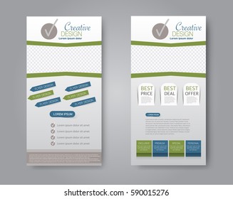 Skinny flyer or leaflet design. Set of two side brochure template or banner.  Vector illustration. Blue and green color.