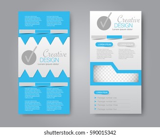 Skinny flyer or leaflet design. Set of two side brochure template or banner.  Vector illustration. Blue color.