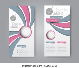 Skinny flyer or leaflet design. Set of two side brochure template or banner.  Vector illustration. Pink and grey color.