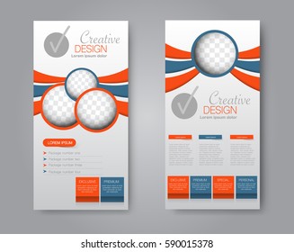 Skinny flyer or leaflet design. Set of two side brochure template or banner.  Vector illustration. Blue and orange color.