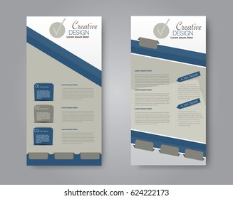 Skinny flyer or leaflet design. Set of two side brochure template or banner.  Vector illustration. Blue color