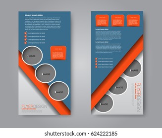Skinny flyer or leaflet design. Set of two side brochure template or banner.  Vector illustration. Blue and orange color