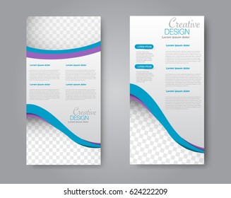 Skinny flyer or leaflet design. Set of two side brochure template or banner.  Vector illustration. Blue and purple color